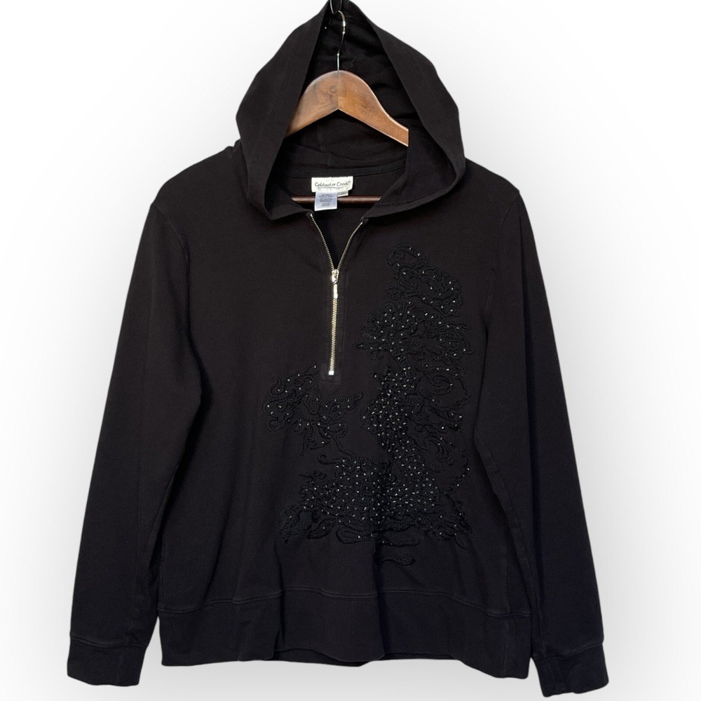 Coldwater Creek Womens Black Embroidered Beaded Quarter Zip Hoodie Sweatshirt M